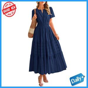 Lightweight Cotton Maxi Dress with Pockets, V-Neck, Elastic Waist